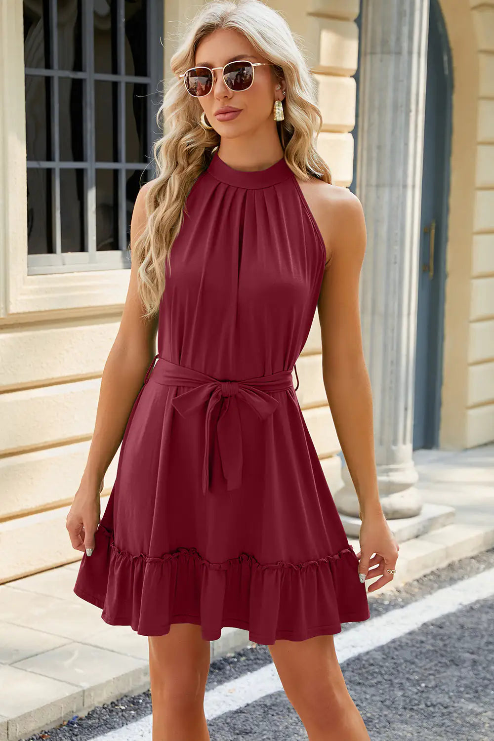 Ruched and Ruffled Tie Dress